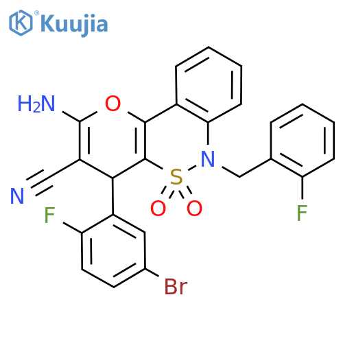 4-amino-6-(5-bromo-2-fluorophenyl)-9-(2-fluorophenyl)methyl-8,8-dioxo-3-oxa-8lambda6-thia-9-azatricyclo8.4.0.0^{2,7}tetradeca-1(14),2(7),4,10,12-pentaene-5-carbonitrile structure