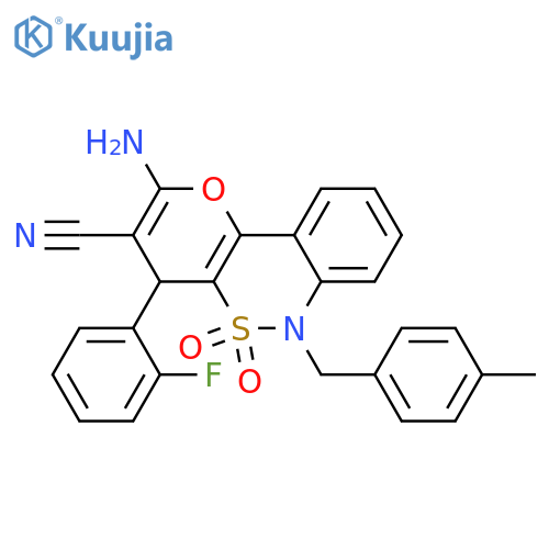 4-amino-6-(2-fluorophenyl)-9-(4-methylphenyl)methyl-8,8-dioxo-3-oxa-8lambda6-thia-9-azatricyclo8.4.0.0^{2,7}tetradeca-1(14),2(7),4,10,12-pentaene-5-carbonitrile structure
