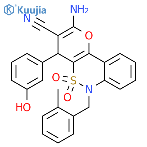 4-amino-6-(3-hydroxyphenyl)-9-(2-methylphenyl)methyl-8,8-dioxo-3-oxa-8lambda6-thia-9-azatricyclo8.4.0.0^{2,7}tetradeca-1(14),2(7),4,10,12-pentaene-5-carbonitrile structure