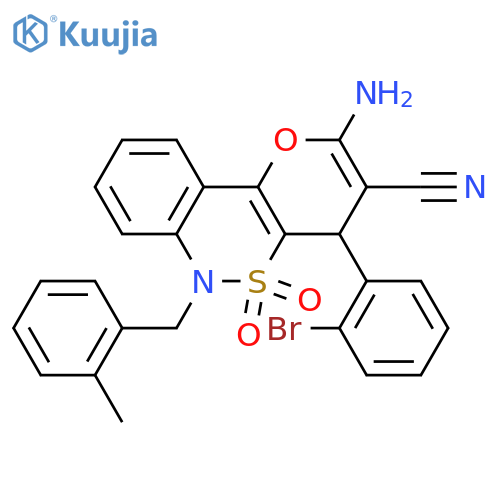 4-amino-6-(2-bromophenyl)-9-(2-methylphenyl)methyl-8,8-dioxo-3-oxa-8lambda6-thia-9-azatricyclo8.4.0.0^{2,7}tetradeca-1(14),2(7),4,10,12-pentaene-5-carbonitrile structure