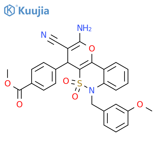 methyl 4-{4-amino-5-cyano-9-(3-methoxyphenyl)methyl-8,8-dioxo-3-oxa-8lambda6-thia-9-azatricyclo8.4.0.0^{2,7}tetradeca-1(14),2(7),4,10,12-pentaen-6-yl}benzoate structure