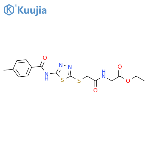 ethyl 2-(2-{5-(4-methylbenzamido)-1,3,4-thiadiazol-2-ylsulfanyl}acetamido)acetate structure