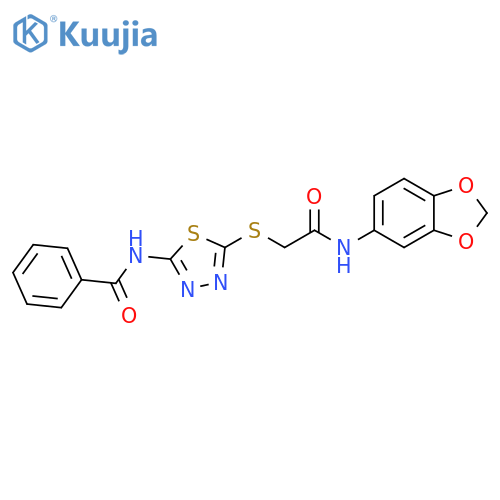 N-5-({(2H-1,3-benzodioxol-5-yl)carbamoylmethyl}sulfanyl)-1,3,4-thiadiazol-2-ylbenzamide structure