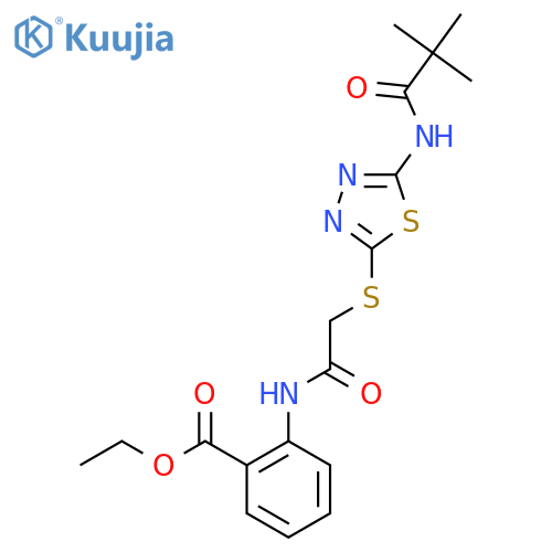 ethyl 2-(2-{5-(2,2-dimethylpropanamido)-1,3,4-thiadiazol-2-ylsulfanyl}acetamido)benzoate structure