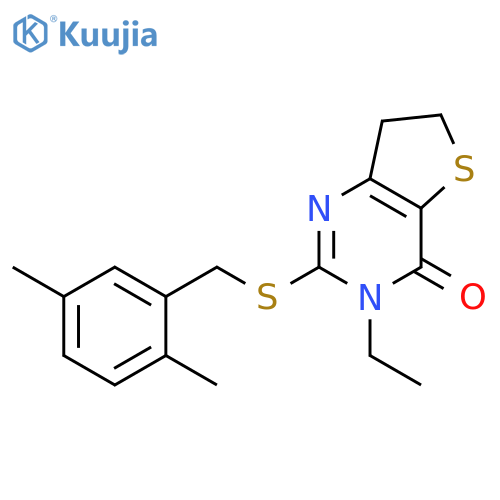 2-{(2,5-dimethylphenyl)methylsulfanyl}-3-ethyl-3H,4H,6H,7H-thieno3,2-dpyrimidin-4-one structure