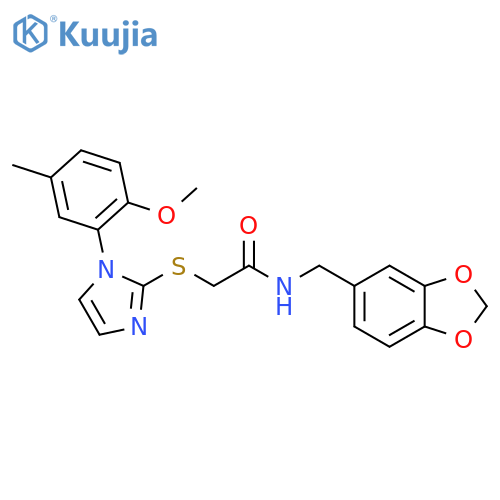 N-(2H-1,3-benzodioxol-5-yl)methyl-2-{1-(2-methoxy-5-methylphenyl)-1H-imidazol-2-ylsulfanyl}acetamide structure