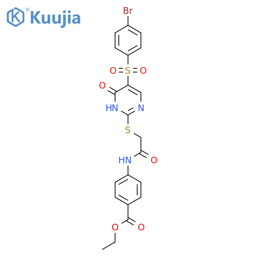 ethyl 4-(2-{5-(4-bromobenzenesulfonyl)-6-oxo-1,6-dihydropyrimidin-2-ylsulfanyl}acetamido)benzoate structure