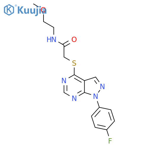 2-{1-(4-fluorophenyl)-1H-pyrazolo3,4-dpyrimidin-4-ylsulfanyl}-N-(2-methoxyethyl)acetamide structure