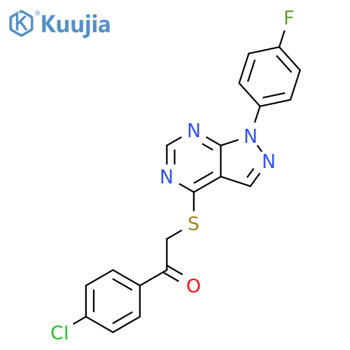 1-(4-chlorophenyl)-2-{1-(4-fluorophenyl)-1H-pyrazolo3,4-dpyrimidin-4-ylsulfanyl}ethan-1-one structure
