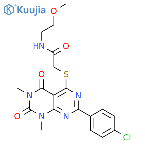 2-{2-(4-chlorophenyl)-6,8-dimethyl-5,7-dioxo-5H,6H,7H,8H-1,3diazino4,5-dpyrimidin-4-ylsulfanyl}-N-(2-methoxyethyl)acetamide structure