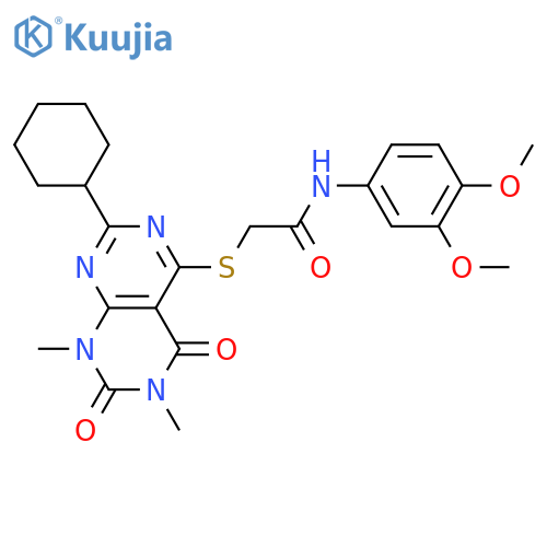 2-({2-cyclohexyl-6,8-dimethyl-5,7-dioxo-5H,6H,7H,8H-1,3diazino4,5-dpyrimidin-4-yl}sulfanyl)-N-(3,4-dimethoxyphenyl)acetamide structure