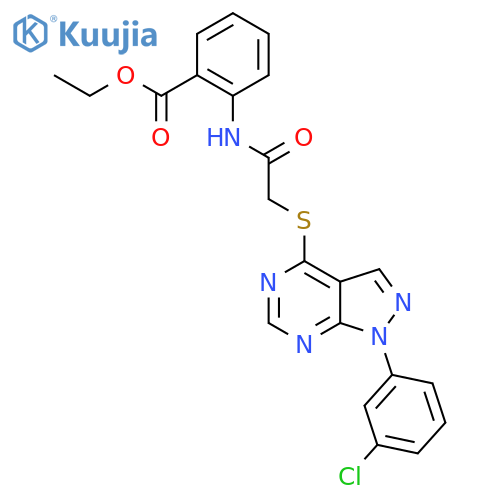 ethyl 2-(2-{1-(3-chlorophenyl)-1H-pyrazolo3,4-dpyrimidin-4-ylsulfanyl}acetamido)benzoate structure