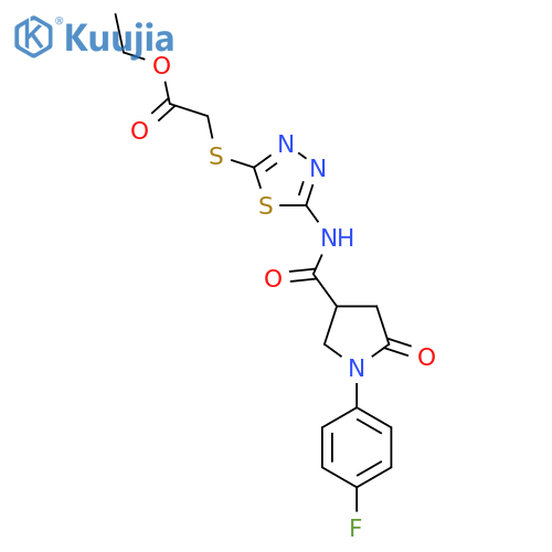ethyl 2-({5-1-(4-fluorophenyl)-5-oxopyrrolidine-3-amido-1,3,4-thiadiazol-2-yl}sulfanyl)acetate structure