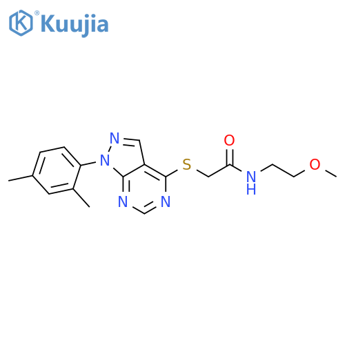 2-{1-(2,4-dimethylphenyl)-1H-pyrazolo3,4-dpyrimidin-4-ylsulfanyl}-N-(2-methoxyethyl)acetamide structure