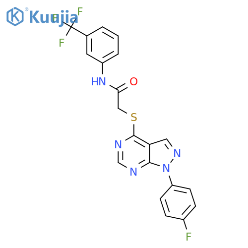2-{1-(4-fluorophenyl)-1H-pyrazolo3,4-dpyrimidin-4-ylsulfanyl}-N-3-(trifluoromethyl)phenylacetamide structure