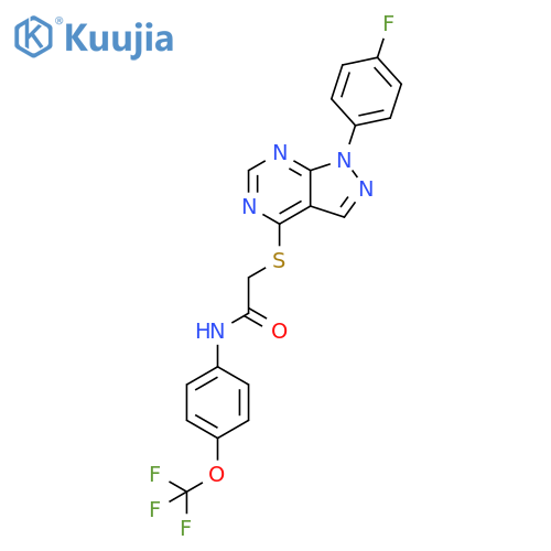 2-{1-(4-fluorophenyl)-1H-pyrazolo3,4-dpyrimidin-4-ylsulfanyl}-N-4-(trifluoromethoxy)phenylacetamide structure