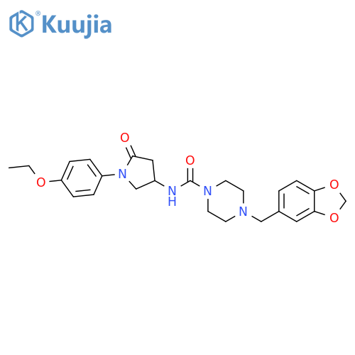 4-(2H-1,3-benzodioxol-5-yl)methyl-N-1-(4-ethoxyphenyl)-5-oxopyrrolidin-3-ylpiperazine-1-carboxamide structure