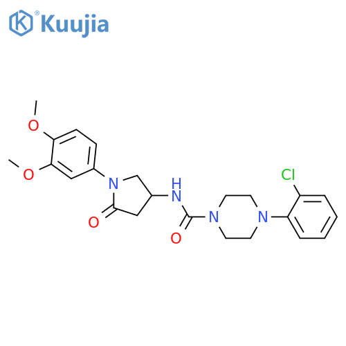 4-(2-chlorophenyl)-N-1-(3,4-dimethoxyphenyl)-5-oxopyrrolidin-3-ylpiperazine-1-carboxamide structure