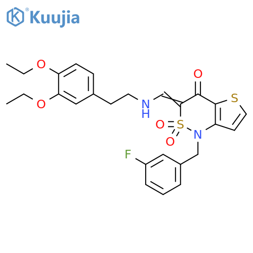 (3Z)-3-({2-(3,4-diethoxyphenyl)ethylamino}methylidene)-1-(3-fluorophenyl)methyl-1H,3H,4H-2lambda6-thieno3,2-c1,2thiazine-2,2,4-trione structure