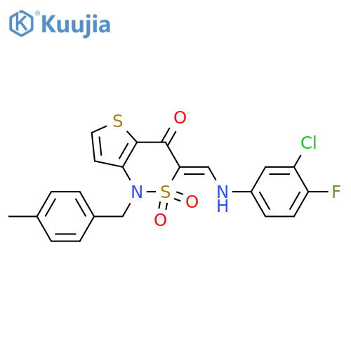 (3Z)-3-{(3-chloro-4-fluorophenyl)aminomethylidene}-1-(4-methylphenyl)methyl-1H,3H,4H-2lambda6-thieno3,2-c1,2thiazine-2,2,4-trione structure
