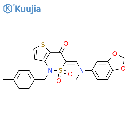 (3Z)-3-({(2H-1,3-benzodioxol-5-yl)methylamino}methylidene)-1-(4-methylphenyl)methyl-1H,3H,4H-2lambda6-thieno3,2-c1,2thiazine-2,2,4-trione structure