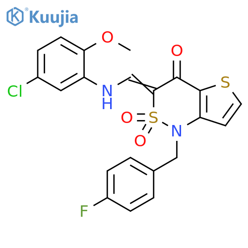 (3Z)-3-{(5-chloro-2-methoxyphenyl)aminomethylidene}-1-(4-fluorophenyl)methyl-1H,3H,4H-2lambda6-thieno3,2-c1,2thiazine-2,2,4-trione structure