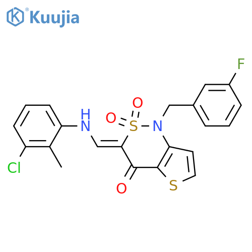 (3Z)-3-{(3-chloro-2-methylphenyl)aminomethylidene}-1-(3-fluorophenyl)methyl-1H,3H,4H-2lambda6-thieno3,2-c1,2thiazine-2,2,4-trione structure