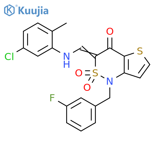 (3Z)-3-{(5-chloro-2-methylphenyl)aminomethylidene}-1-(3-fluorophenyl)methyl-1H,3H,4H-2lambda6-thieno3,2-c1,2thiazine-2,2,4-trione structure