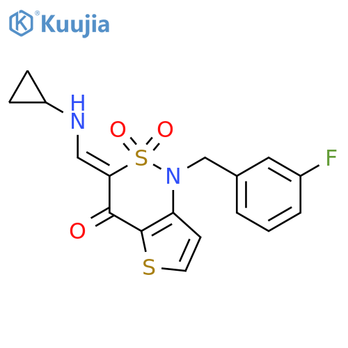 (3Z)-3-(cyclopropylamino)methylidene-1-(3-fluorophenyl)methyl-1H,3H,4H-2lambda6-thieno3,2-c1,2thiazine-2,2,4-trione structure