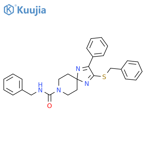 N-benzyl-2-(benzylsulfanyl)-3-phenyl-1,4,8-triazaspiro4.5deca-1,3-diene-8-carboxamide structure