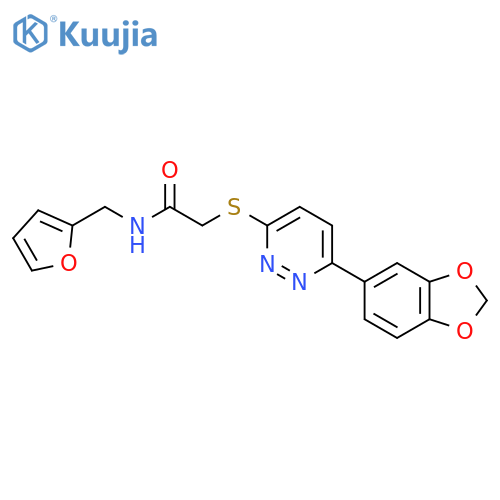 2-{6-(2H-1,3-benzodioxol-5-yl)pyridazin-3-ylsulfanyl}-N-(furan-2-yl)methylacetamide structure