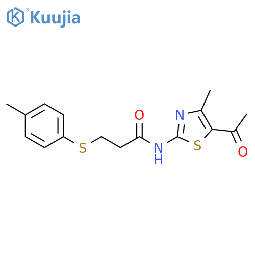 N-(5-acetyl-4-methyl-1,3-thiazol-2-yl)-3-(4-methylphenyl)sulfanylpropanamide structure