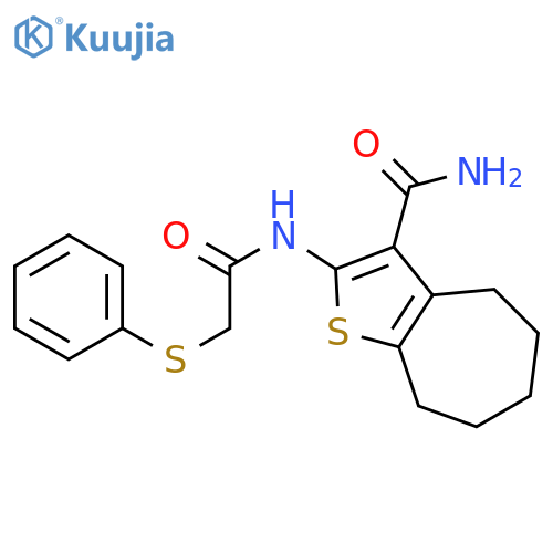 2-2-(phenylsulfanyl)acetamido-4H,5H,6H,7H,8H-cycloheptabthiophene-3-carboxamide structure