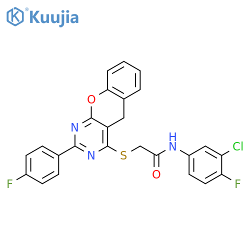 N-(3-chloro-4-fluorophenyl)-2-{2-(4-fluorophenyl)-5H-chromeno2,3-dpyrimidin-4-ylsulfanyl}acetamide structure
