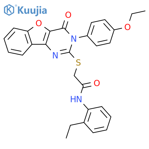 2-{5-(4-ethoxyphenyl)-6-oxo-8-oxa-3,5-diazatricyclo7.4.0.0^{2,7}trideca-1(9),2(7),3,10,12-pentaen-4-ylsulfanyl}-N-(2-ethylphenyl)acetamide structure