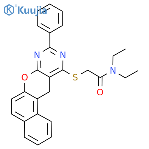 N,N-diethyl-2-(2-phenyl-5H-12-oxa-1,3-diazatetraphen-4-yl)sulfanylacetamide structure