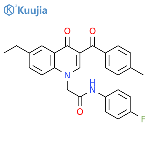 2-6-ethyl-3-(4-methylbenzoyl)-4-oxo-1,4-dihydroquinolin-1-yl-N-(4-fluorophenyl)acetamide structure