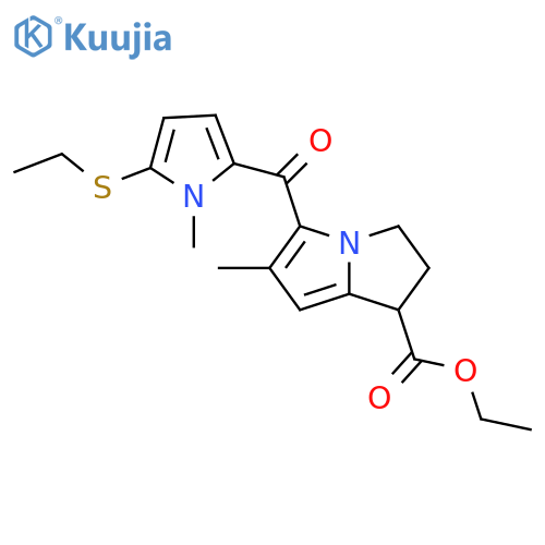 1H-Pyrrolizine-1-carboxylic acid, 5-[[5-(ethylthio)-1-methyl-1H-pyrrol-2-yl]carbonyl]-2,3-dihydro-6-methyl-, ethyl ester structure