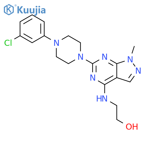 2-({6-4-(3-chlorophenyl)piperazin-1-yl-1-methyl-1H-pyrazolo3,4-dpyrimidin-4-yl}amino)ethan-1-ol structure