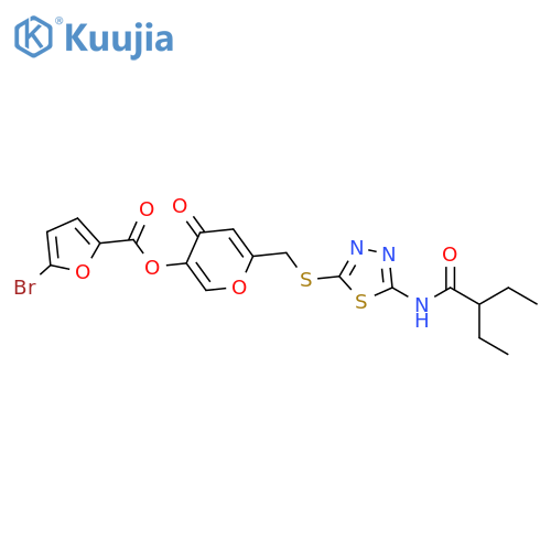 6-({5-(2-ethylbutanamido)-1,3,4-thiadiazol-2-ylsulfanyl}methyl)-4-oxo-4H-pyran-3-yl 5-bromofuran-2-carboxylate structure
