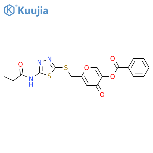 4-oxo-6-{(5-propanamido-1,3,4-thiadiazol-2-yl)sulfanylmethyl}-4H-pyran-3-yl benzoate structure