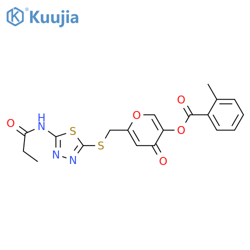 4-oxo-6-{(5-propanamido-1,3,4-thiadiazol-2-yl)sulfanylmethyl}-4H-pyran-3-yl 2-methylbenzoate structure