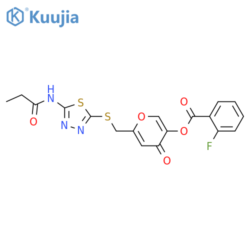 4-oxo-6-{(5-propanamido-1,3,4-thiadiazol-2-yl)sulfanylmethyl}-4H-pyran-3-yl 2-fluorobenzoate structure