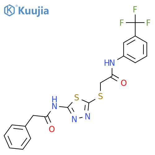 2-{5-(2-phenylacetamido)-1,3,4-thiadiazol-2-ylsulfanyl}-N-3-(trifluoromethyl)phenylacetamide structure