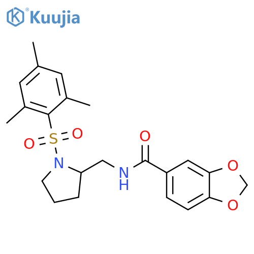 N-{1-(2,4,6-trimethylbenzenesulfonyl)pyrrolidin-2-ylmethyl}-2H-1,3-benzodioxole-5-carboxamide structure