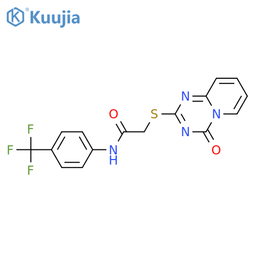 2-({4-oxo-4H-pyrido1,2-a1,3,5triazin-2-yl}sulfanyl)-N-4-(trifluoromethyl)phenylacetamide structure