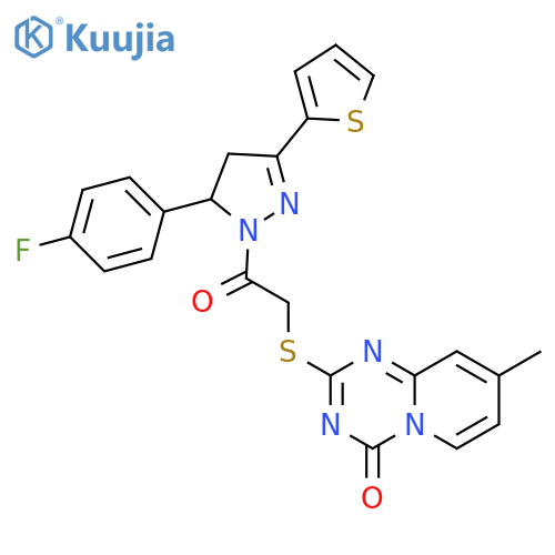2-({2-5-(4-fluorophenyl)-3-(thiophen-2-yl)-4,5-dihydro-1H-pyrazol-1-yl-2-oxoethyl}sulfanyl)-8-methyl-4H-pyrido1,2-a1,3,5triazin-4-one structure