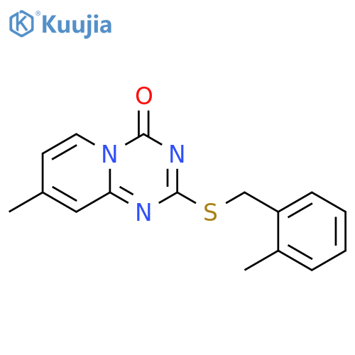 8-methyl-2-{(2-methylphenyl)methylsulfanyl}-4H-pyrido1,2-a1,3,5triazin-4-one structure
