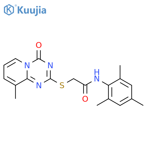 2-({9-methyl-4-oxo-4H-pyrido1,2-a1,3,5triazin-2-yl}sulfanyl)-N-(2,4,6-trimethylphenyl)acetamide structure
