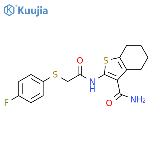 2-{2-(4-fluorophenyl)sulfanylacetamido}-4,5,6,7-tetrahydro-1-benzothiophene-3-carboxamide structure